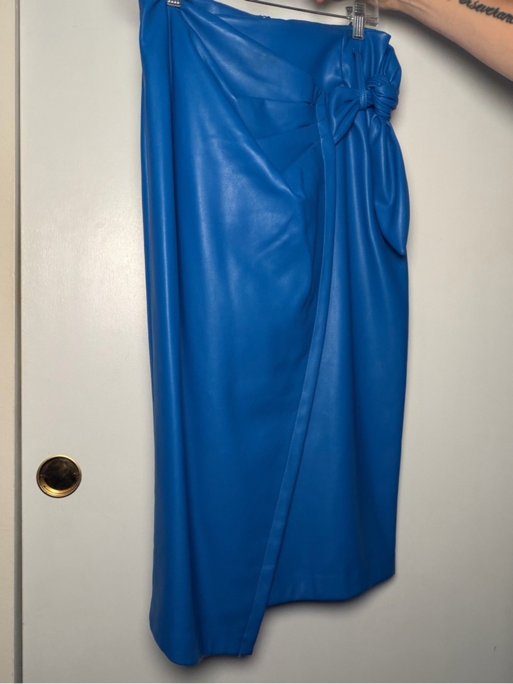 Blue Faux-Leather Wrap Midi Skirt with Side Knot